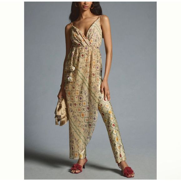 Anthropologie Gold and Green Jumpsuit Luxurious Wide-Leg Design - Picture 1 of 16